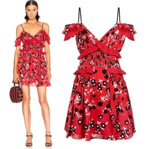 SELF-PORTRAIT RED AND BLACK FLORAL COLD SHOULDER MINI DRESS Size US 10